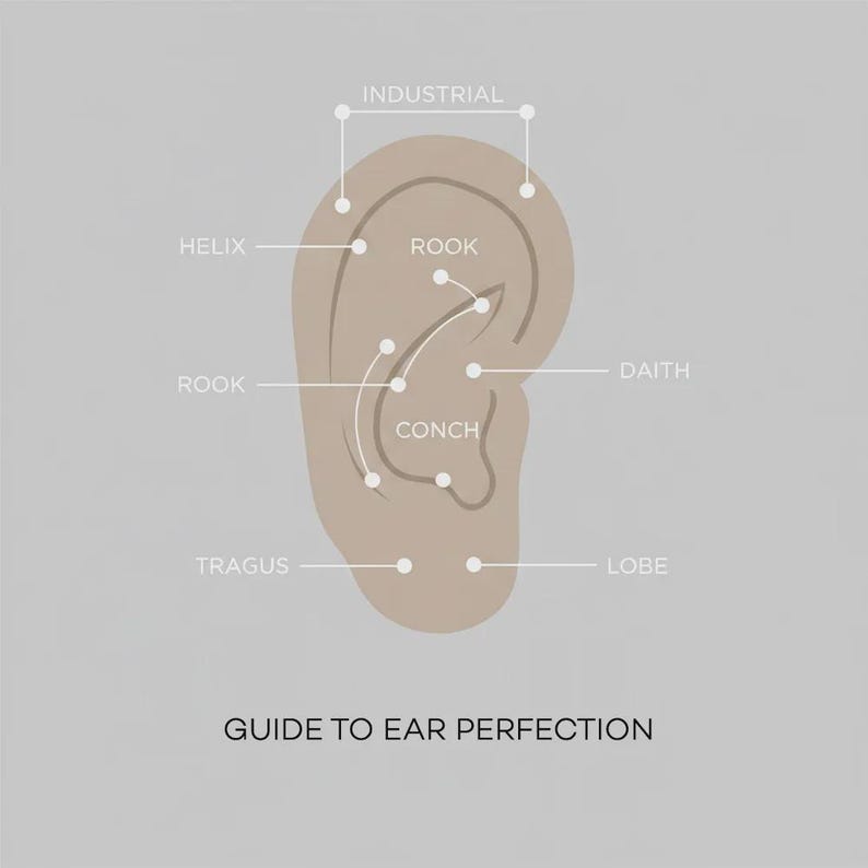 Puede incluir: Ilustraci&oacute;n de una oreja con ubicaciones de piercing etiquetadas: industrial, h&eacute;lix, rook, caracola, tragus, daith y l&oacute;bulo. El texto "Guide to Ear Perfection" est&aacute; en la parte inferior. La oreja es de color marr&oacute;n claro sobre un fondo gris.