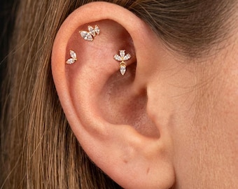Conjunto de 3 piercings de circonita talla marquesa, labret dorado o plateado, pendientes de acero quirúrgico 316L con parte trasera plana para tragus, hélix y concha.