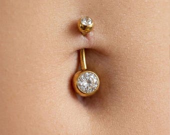 Gold Belly Bar 14G 8mm-10mm-12mm, Internally Threaded Navel Piercing, Sparkling Clear Crystal Navel Barbell