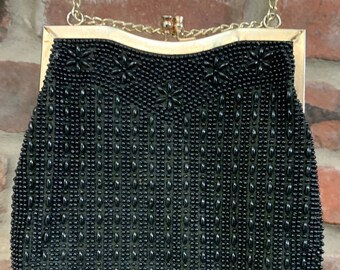 Vintage Black Evening Bag Goldco Beaded Purse with Chain Strap