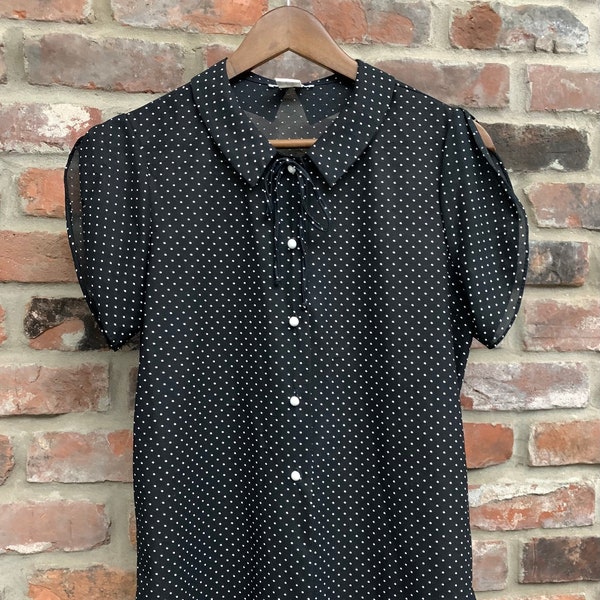 vintage Polka Dot Sheer Button Down Black &White Blouse, Taille Femme Petite