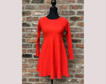 Vintage Red Sweater Dress, M&B, Ribbed, Sz ~S, Long Sleeve Accordion Flare Skirt