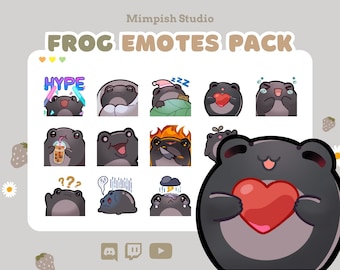 Emote Pack Twitch Frog (NEGRO) / 12 Cute Frog Emotes / Cozy Comfy Aesthetics Kawaii Cottagecore Stream Emotes