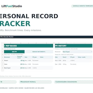 Op de afbeelding: Een digitaal Google Sheets-sjabloon getiteld Personal Record Tracker van LiftFuelStudio. De interface toont tabellen voor 1 Rep Maxes en PR History met kolommen voor beweging, persoonlijk record in kg of lb, datum, winst en notities voor fitnesstracking.