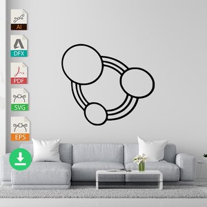 Op de afbeelding: Een zwart-witte lijntekening van drie cirkels die met elkaar verbonden zijn door een reeks concentrische ringen. De cirkels zijn van verschillende grootte en zijn in een cirkelvormige opstelling gerangschikt.