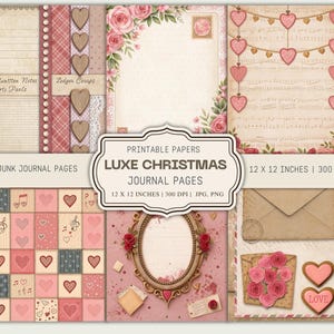 Könnte beinhalten: Eine Sammlung von bedruckbaren Journalseiten mit Vintage-Ästhetik. Die Seiten zeigen Herzen, Rosen und Noten in Rosa, Rot und Creme. Der Text auf dem Bild lautet "LUXE CHRISTMAS JOURNAL PAGES" und "12 x 12 INCHES | 300 DPI".