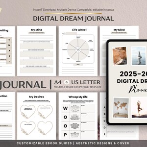 Könnte beinhalten: Ein digitales Traumtagebuch-Vorlagenset mit A4- und US-Letter-Seiten, einschließlich der Abschnitte Smart Goal Setting, My Mind, Life Wheel, Weekly Reflection, My Desires und Whoop My Life. Ein Tablet zeigt das Cover des 2025-2026 Digital Dream Planner.