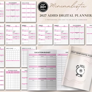 Op de afbeelding: Een digitale 2027 ADHD-planner met meer dan 30 pagina's, voorzien van een witte kaft met een zwart-witte illustratie van een persoon met een geldzak. De binnenpagina's bevatten roze en zwarte rasters voor vakantiebudgetten en dagplanningen.