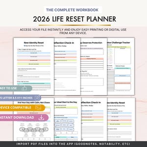 May include: A digital 2026 Life Reset Planner workbook with various pages for self-reflection and goal setting. The pages include sections for identity reset, reflection check-ins, and daily planning. The planner is US Letter 8.5 x 11 inches and device compatible.