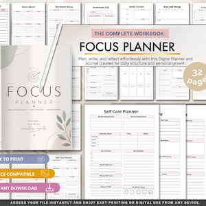 Könnte beinhalten: Ein 32-seitiger digitaler Focus Planner mit weißem Einband, Zielscheiben-Symbol, Blatt-Illustrationen und dem Text "FOCUS PLANNER". Das Set enthält verschiedene Vorlagen wie Dankbarkeitslisten, Stimmungstracker und Selbstpflegeplaner.