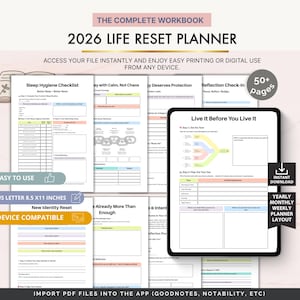 Könnte beinhalten: Ein digitaler 2026 Life Reset Planner mit über 50 Seiten, konzipiert für sofortigen Download und einfache Nutzung auf jedem Gerät. Enthält Checklisten zur Schlafhygiene, Reflexionsaufforderungen und ein Jahres-, Monats- und Wochenplaner-Layout.
