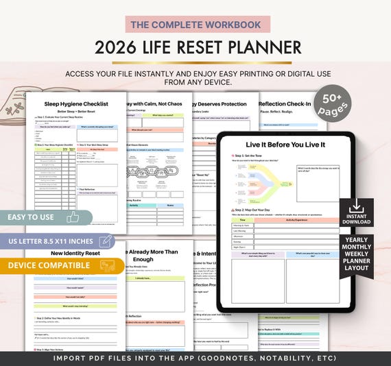 2026 Life Reset Planner, Editable Canva Organizer for Goal Setting, Wellness and Daily Growth