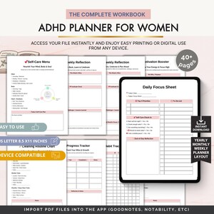 Könnte beinhalten: ADHS-Planer für Frauen, ein digitales Arbeitsbuch mit rosa und weißen Seiten. Enthält Selbstpflege-Menüs, tägliche Fokusblätter und Fortschrittsverfolgung. Der Planer ist für einfaches Drucken und digitale Nutzung konzipiert, mit über 40 Seiten. US Letter 21,6 x 27,9 cm.