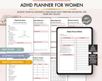 ADHD Planner for Women, Editable Canva Organizer for Routines, Focus, Habits and Daily Productivity