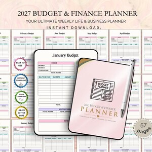 Könnte beinhalten: Ein digitaler 2027 Budget- und Finanzplaner mit einem rosa Einband, einem schwarzen Symbol für Planer und Taschenrechner sowie einem weißen Stift. Die Innenseiten enthalten Tabellen für Einnahmen, Rechnungen und monatliche Zusammenfassungen.