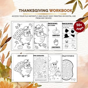 Könnte beinhalten: Thanksgiving-Arbeitsbuch mit Ausmalbildern, Wortsuchrätseln und Labyrinthen. Enthält Truthahn-Illustrationen und den Text "Thanksgiving Workbook". Enthält über 50 Seiten.