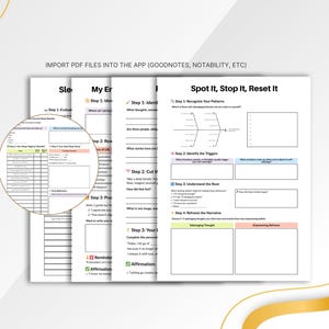 May include: A collection of printable PDF worksheets for self-reflection and mental wellness. The pages include prompts for identifying patterns, triggers, and reframing thoughts. The text "Spot It, Stop It, Reset It" is visible.