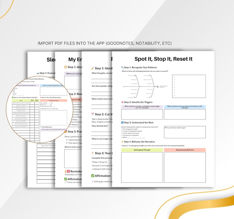 May include: A collection of printable PDF worksheets for self-reflection and mental wellness. The pages include prompts for identifying patterns, triggers, and reframing thoughts. The text "Spot It, Stop It, Reset It" is visible.
