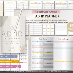 Könnte beinhalten: Ein digitaler ADHS-Planer mit 57 Seiten und einem Cover mit der Aufschrift ADHD PLANNER FOCUS PLAN ACHIEVE small steps every day big progress. Das Set enthält verschiedene Vorlagen wie Zielplaner, Leseprotokolle und monatliche Layouts.