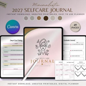Könnte beinhalten: Ein digitales 2027 Selbstpflege-Journal mit 49 Seiten, das ein Cover mit einer Strichzeichnung einer Person mit Gesichtsmaske und Gurkenscheiben auf den Augen sowie Innenseiten für Zielsetzungen und Dankbarkeitstagebücher enthält.