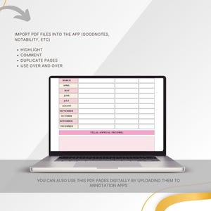 May include: A silver laptop displays a digital planner with pink and white sections for monthly income tracking. Text on the screen includes months and "TELAL ANNUAL INCOME." Additional text explains how to import PDF files into apps like GoodNotes.