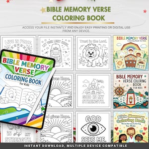 Könnte beinhalten: Ein digitales Malbuch mit Bibelversen für Kinder. Das Bild zeigt ein Tablet mit einem Stift, auf dem das Cover des Buches angezeigt wird. Der Text auf dem Cover lautet "Bible Memory Verse Coloring Book For Kids". Verschiedene Malvorlagen mit religiösen Themen umgeben das Tablet.