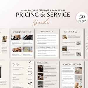 Könnte beinhalten: Eine digitale Preis- und Service-Guide-Vorlage mit minimalistischem Design. Das Cover zeigt den Text "PRICING & SERVICE Guide" und "50 Seiten". Im Inneren gibt es Abschnitte für Dienstleistungen, Ressourcen und Mitgliedervorteile.