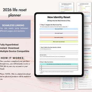 May include: A digital 2026 life reset planner displayed on a tablet. The planner includes sections for self-reflection, defining a new identity, and aligning actions. The text on the screen reads "New Identity Reset" and "Step Into the Next Version of You."