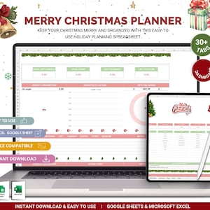 Könnte beinhalten: Ein Laptop und ein Tablet zeigen eine Weihnachtsplaner-Tabelle. Der Laptop-Bildschirm zeigt ein detailliertes Budget-Layout mit grünen und rosa Akzenten. Das Tablet zeigt eine ähnliche Planerseite. Text enthält "Merry Christmas Planner" und "Easy to Use."