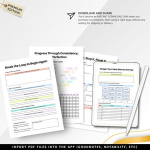 May include: A digital planner with worksheets for habit tracking and daily planning. The image shows a tablet with a stylus, and several printed pages with prompts like "Break the Loop to Begin Again" and "Design Your Ideal Start to the Day". The text "Premium Edition" is visible.