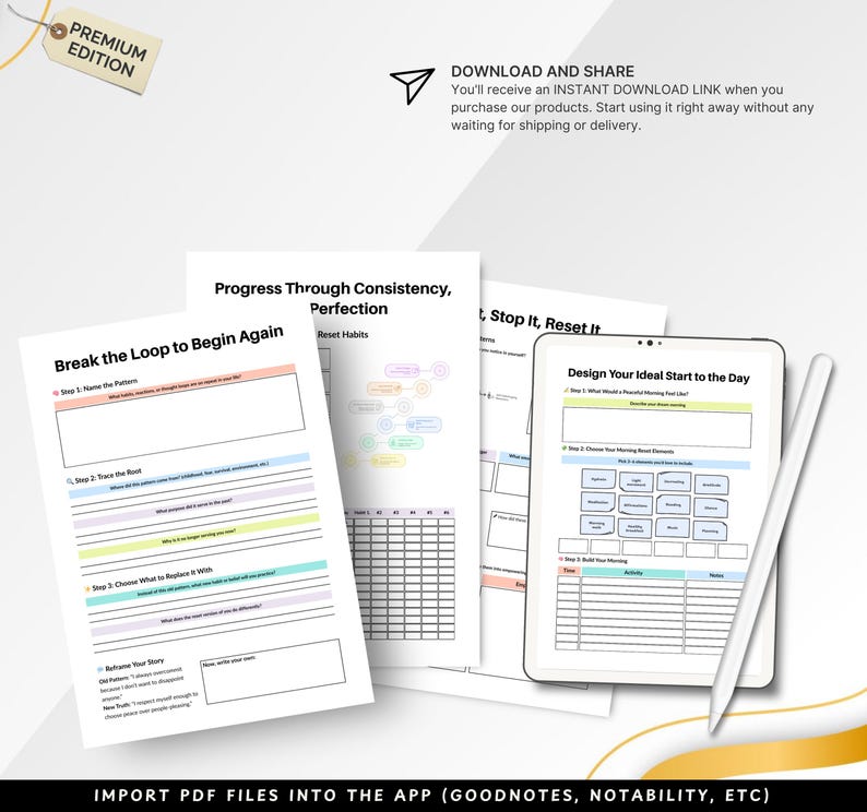 May include: A digital planner with worksheets for habit tracking and daily planning. The image shows a tablet with a stylus, and several printed pages with prompts like "Break the Loop to Begin Again" and "Design Your Ideal Start to the Day". The text "Premium Edition" is visible.