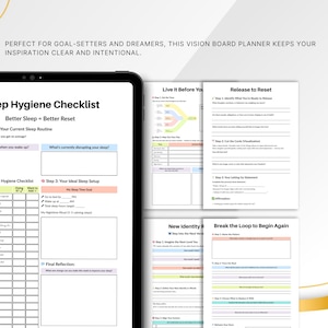 May include: A vision board planner with various worksheets, including a sleep hygiene checklist and sections for goal setting. The planner features text such as "Better Sleep = Better Reset" and "Release to Reset". The pages are white with colorful accents.