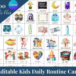 Könnte beinhalten: Sammlung von 600 editierbaren Karten für die tägliche Routine von Kindern. Jede Karte zeigt eine Aquarellillustration einer täglichen Aktivität, wie "Spielzeit", "Bettzeit" und "Teeparty". Für Bildungszwecke.