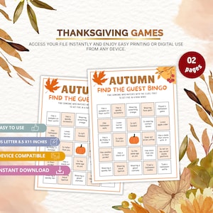 Könnte beinhalten: Zwei druckbare Bingo-Spielblätter zum Thema Herbst mit einem Herbstblatt-Design. Das Spiel trägt den Titel "Autumn Find the Guest Bingo" und enthält verschiedene Aufforderungen. Der Text "Thanksgiving Games" steht oben mit Anweisungen.