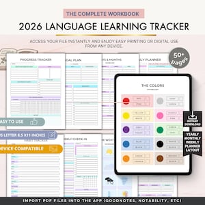 Könnte beinhalten: Ein digitaler Sprachlerntracker mit mehreren Seiten, darunter ein Fortschrittstracker, ein Zielplan und ein Vokabelteil. Das Design ist in Pastellfarben gehalten und trägt den Text "2026 LANGUAGE LEARNING TRACKER". Es ist gerätekompatibel und enthält ein Jahres-, Monats- und Wochenplaner-Layout.