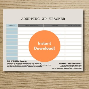 Può includere: Un tracker XP per adulti stampabile con sezioni per timestamp, missione, XP guadagnati e note. Include un cerchio arancione con il testo "Download istantaneo!". Presenta una legenda per i punti XP e i livelli di ricompensa.
