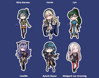 May include: A set of six chibi-style illustrations of characters from the Fire Emblem video game series. The characters are depicted in a colourful, cartoonish style with large heads and small bodies. The characters are all female and are wearing various outfits. The characters are arranged in two rows of three. The top row features Kiria Kurono, Corrin, and Lyn. The bottom row features Camilla, Byleth Eisner, and Edelgard von Hresvelg.