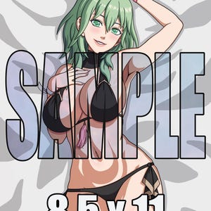 May include: A digital illustration of a character with green hair wearing a black bikini, featuring the text SAMPLE and 8.5 x 11 inches. The character has green eyes and is posing with one arm raised. The background consists of a light grey leaf pattern.