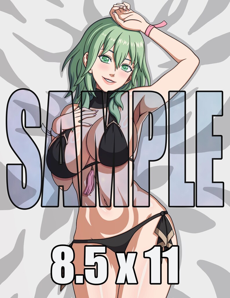May include: A digital illustration of a character with green hair wearing a black bikini, featuring the text SAMPLE and 8.5 x 11 inches. The character has green eyes and is posing with one arm raised. The background consists of a light grey leaf pattern.
