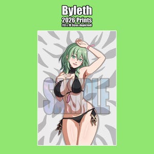 May include: A digital art print featuring a character with green hair wearing a black bikini against a grey abstract background. The text Byleth 2026 Prints (13 x 19 Sizes depicted) appears at the top, with a translucent SAMPLE watermark overlay.
