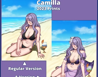 May include: Two digital illustrations of Camilla from Fire Emblem: Fates in a swimsuit on a beach. The first image shows Camilla in a black bikini with a blue cocktail. The second image shows Camilla in a purple bikini with a white flower in her hair and a green cocktail.