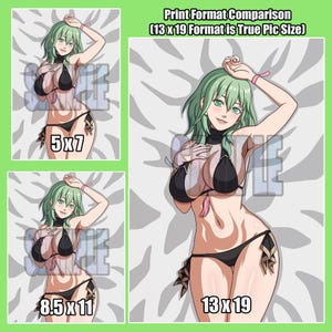 May include: A print format comparison chart featuring an anime-style character with green hair wearing a black bikini. The text reads Print Format Comparison, 13 x 19 Format is True Pic Size, 5x7, 8.5x11, and 13x19, with a light green background.