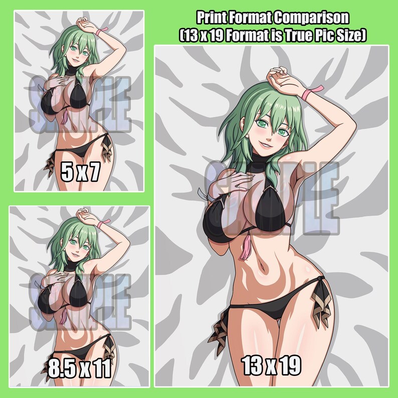 May include: A print format comparison chart featuring an anime-style character with green hair wearing a black bikini. The text reads Print Format Comparison, 13 x 19 Format is True Pic Size, 5x7, 8.5x11, and 13x19, with a light green background.