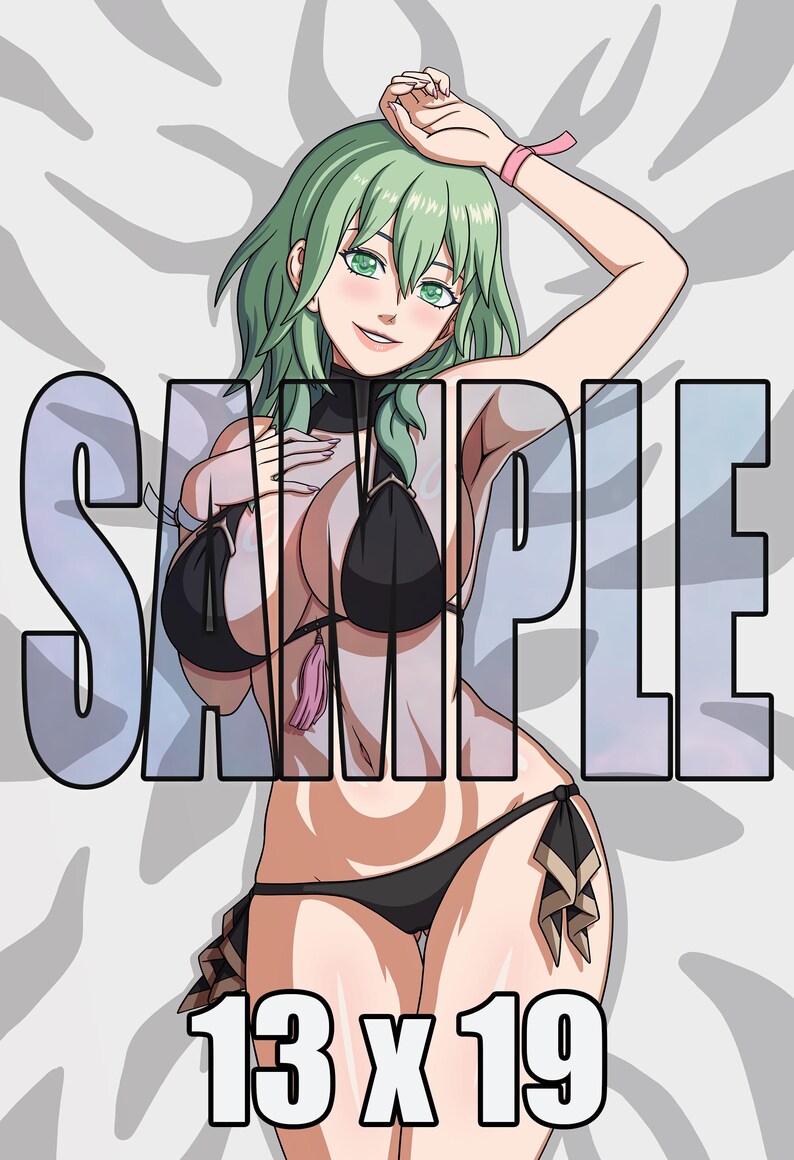 May include: A digital illustration of a character with green hair wearing a black bikini with pink tassels. The image features the word SAMPLE in large letters across the centre and the text 13 x 19 at the bottom against a grey patterned background.