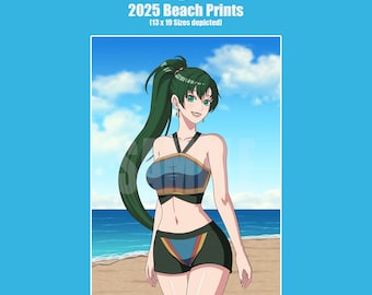 May include: An anime-style illustration of a person in a blue and gold bikini and shorts, standing on a beach. The image is labeled "Lyn 2025 Beach Prints" with the size "13 x 19 Sizes depicted". The background shows a blue sky and ocean.