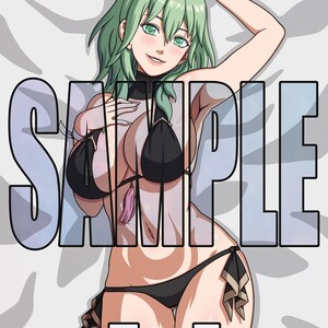 May include: An anime-style illustration of a character with shoulder-length green hair, wearing a black bikini with gold trim and a small pink tassel. The character has green eyes and is posing with one arm raised. The text SAMPLE 5x7 is visible.