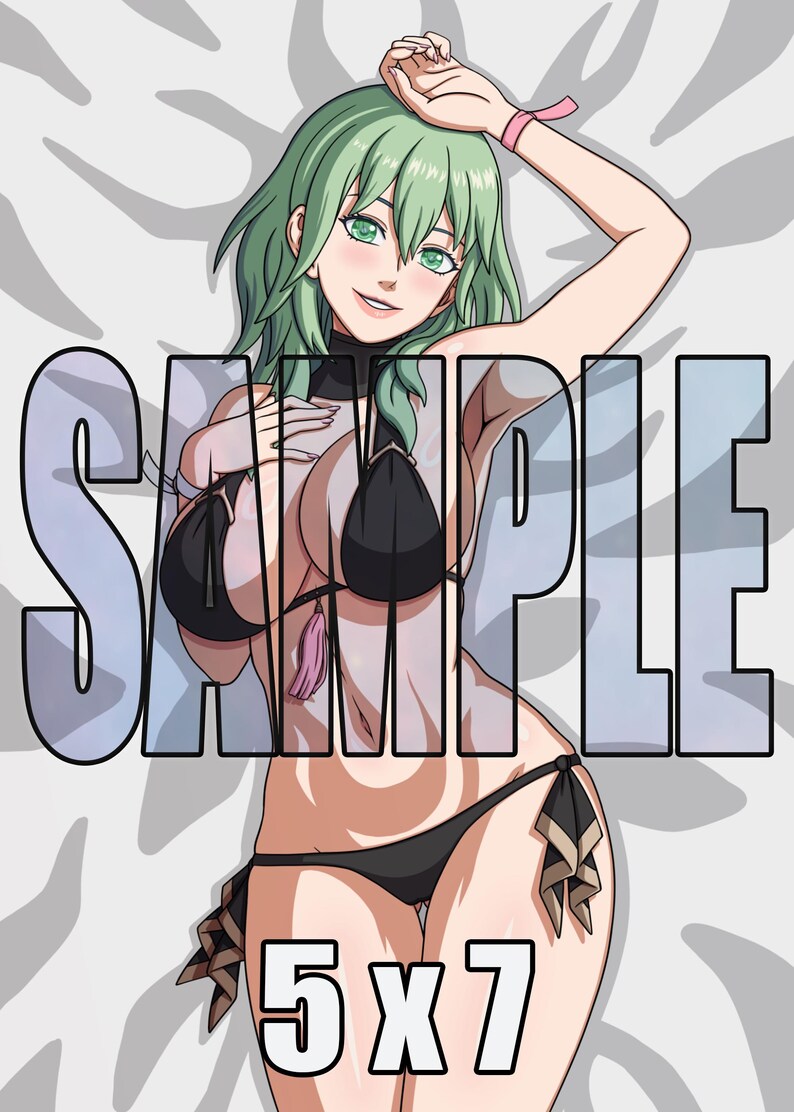 May include: An anime-style illustration of a character with shoulder-length green hair, wearing a black bikini with gold trim and a small pink tassel. The character has green eyes and is posing with one arm raised. The text SAMPLE 5x7 is visible.