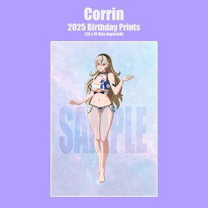 May include: A digital print featuring a character named Corrin from the year 2025. The artwork depicts a woman in a white and black bikini with blue accents, set against a pastel background. The print size is 13 x 19 inches.