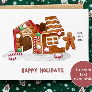 Cartão de boas festas com casa de gengibre, Cartão de férias engraçado, Cartão de Natal de fim de ano para a família, Texto personalizado, Cartões artesanais, Lar doce lar