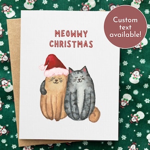 Süße Katzen Weihnachtskarte, lustiges Wortspiel der frohen Weihnachten für Katzenliebhaber, handgemachte Aquarellkarte, kundenspezifische personalisierte Feiertagskarte, nichtreligiös